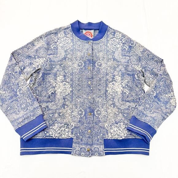 Johnny Was French Terry Blue Lace Embroidered Print Cotton Varsity Jacket Size M - Picture 1 of 7